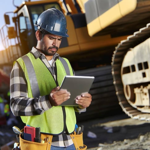 male construction worker on a heavy construction jobsite using a tablet to enter a timesheet