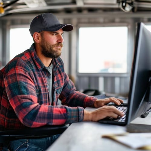 man in flannel with ball cap using a computer in construction trailer office