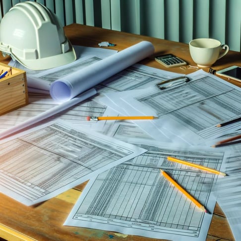 paper timesheets for construction scattered on a desk