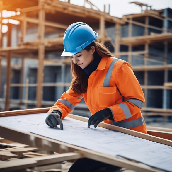 A person wearing a hard hat and orange jacket looking at a blueprint