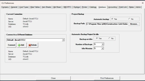 TCLI Estimating Link screenshot, database options