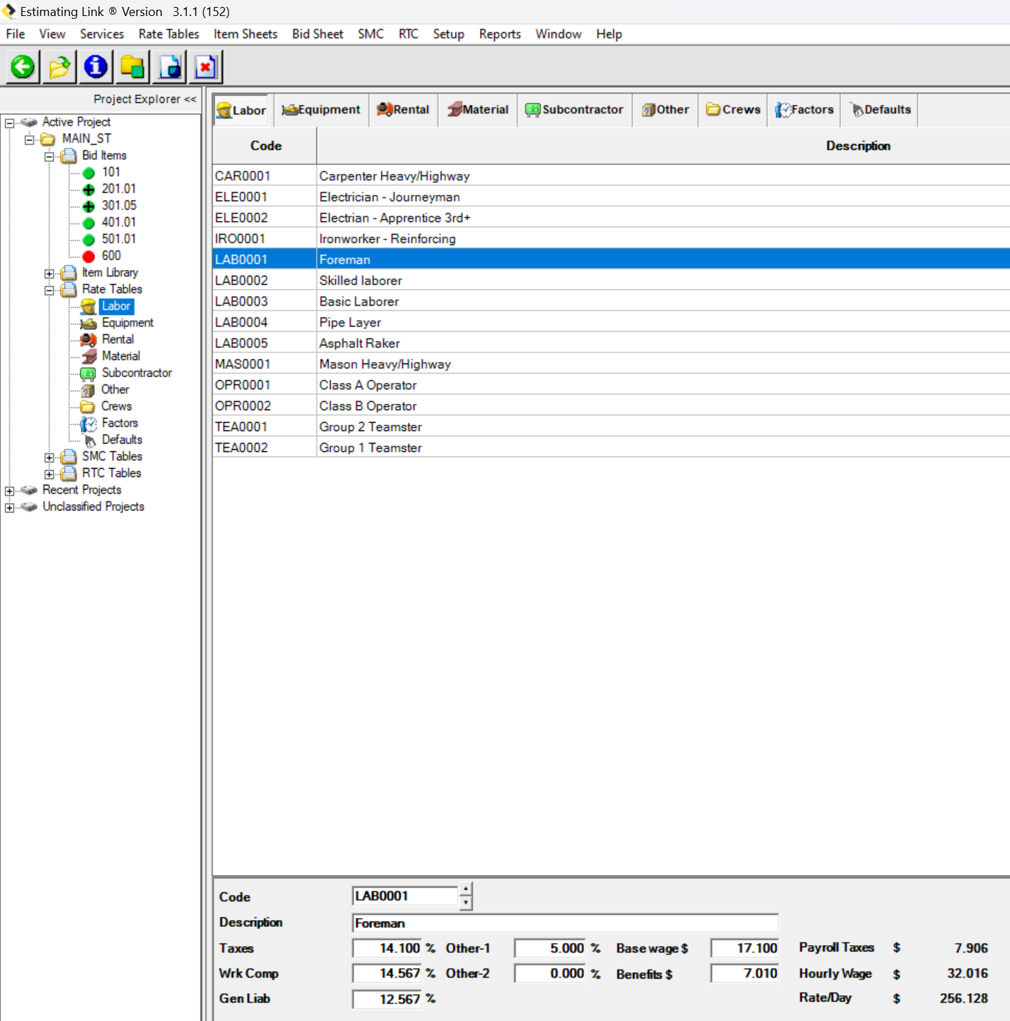 Estimating Link's rate table Labor with Foreman Highlighted