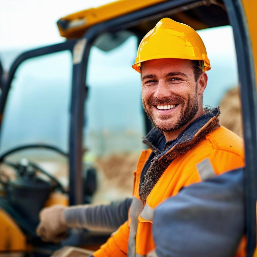 construction worker in excavator smiling working on site