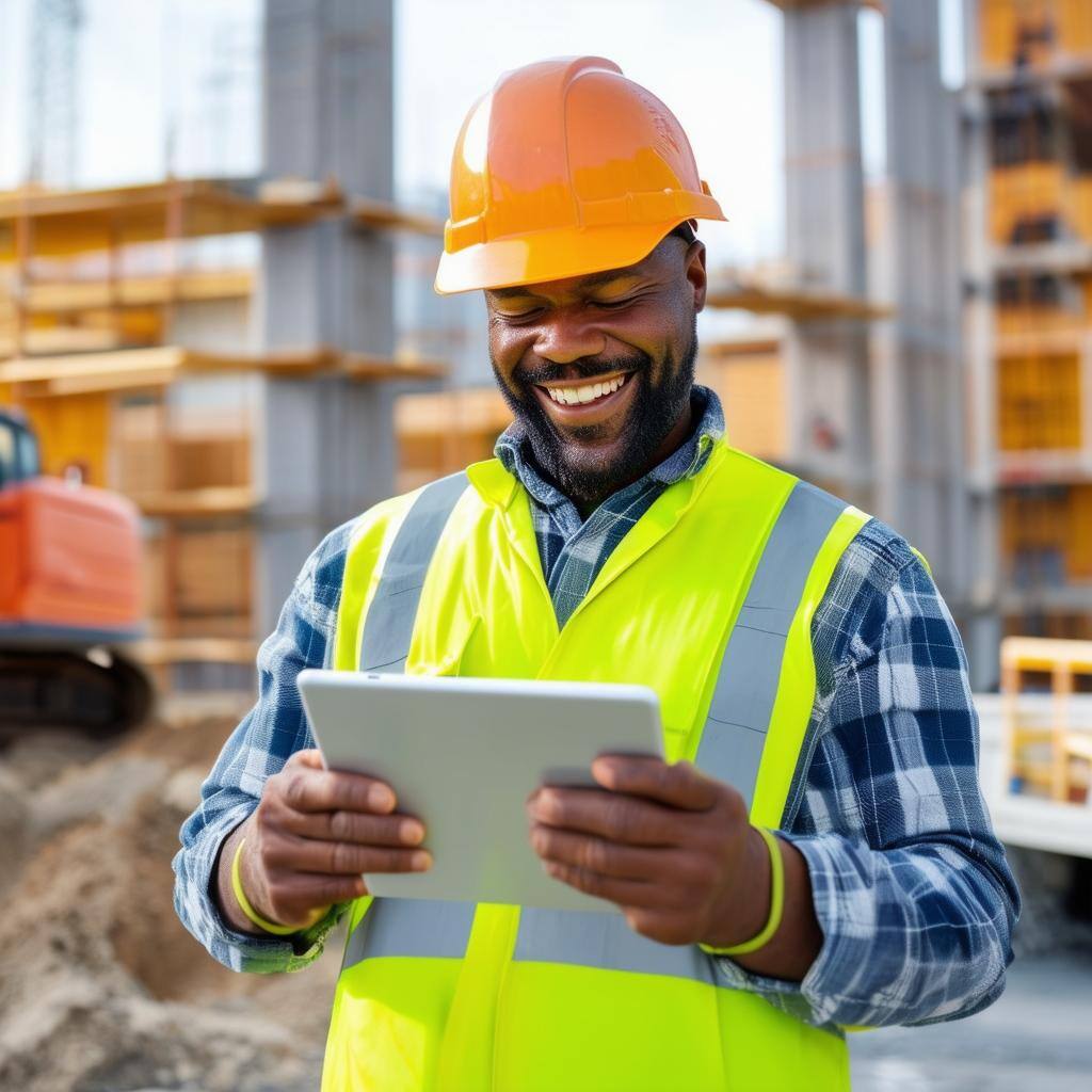 happy construction worker using an ipad