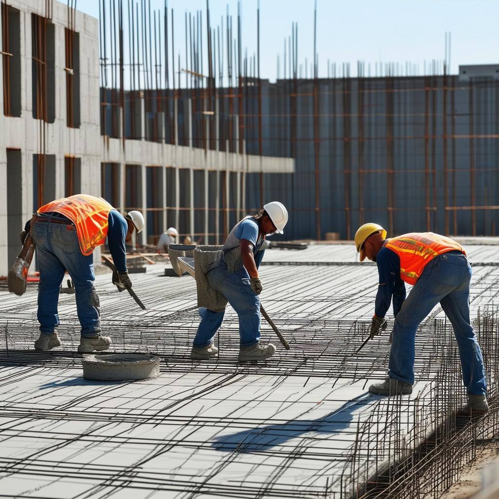 workers laying down concrete over large building