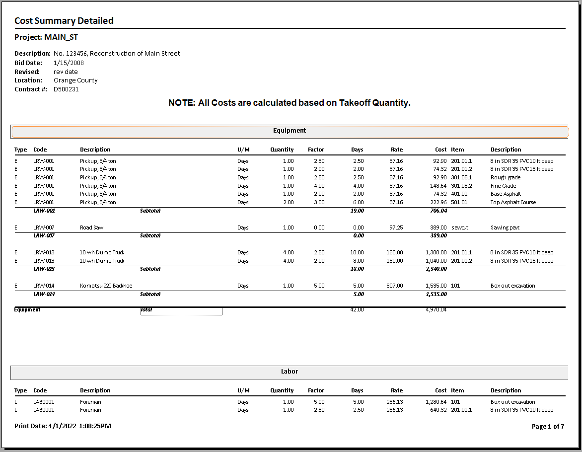 Main_St. Cost Summary Detailed Report