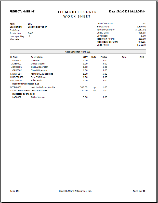 Main_St. Item Worksheet Report